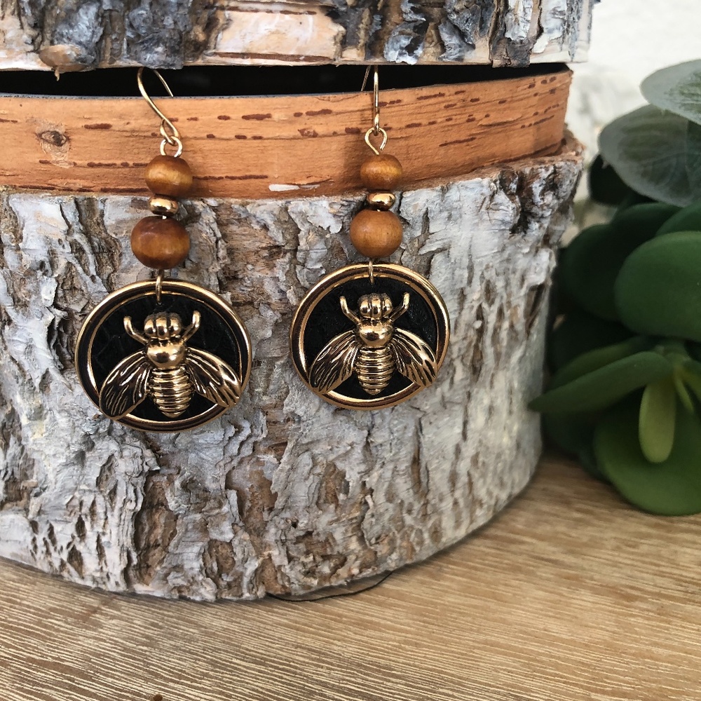 Gold Bee Drop Earrings - Picture 2 of 5